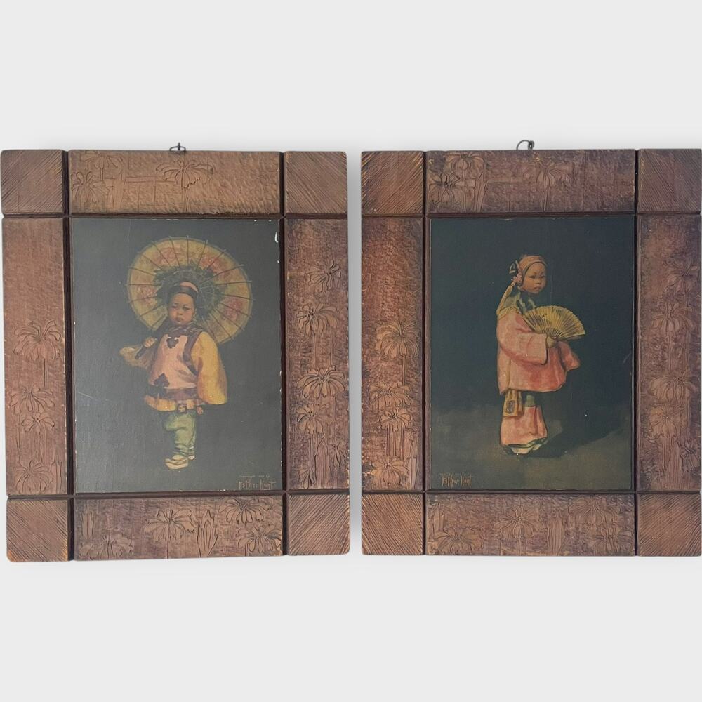 Antique Print 1903 Esther Hunt Chinese Girl Set Original Wood Frame Carved